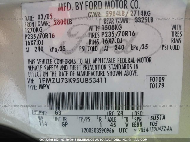 1FMZU73K95UB53411 - 2005 FORD EXPLORER XLT/XLT SPORT/NBX 米色 照片 9