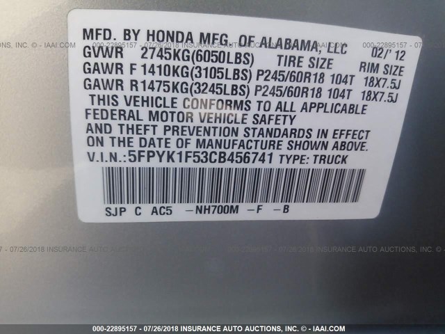 5FPYK1F53CB456741 - 2012 HONDA RIDGELINE RTL SILVER photo 9