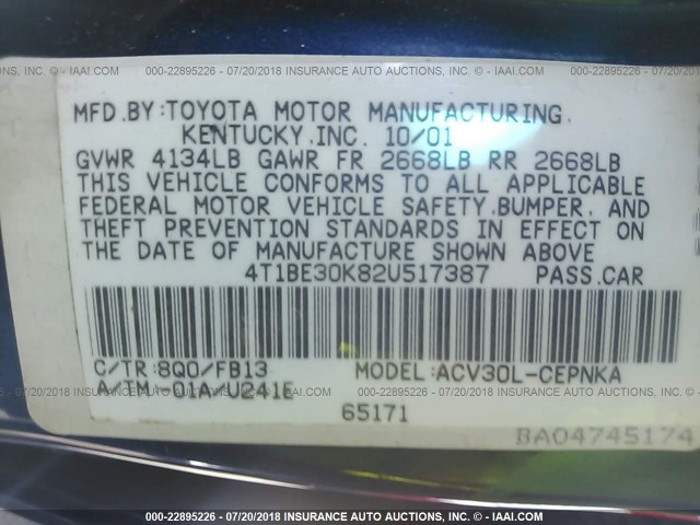 4T1BE30K82U517387 - 2002 TOYOTA CAMRY LE/XLE/SE 海军蓝 照片 9