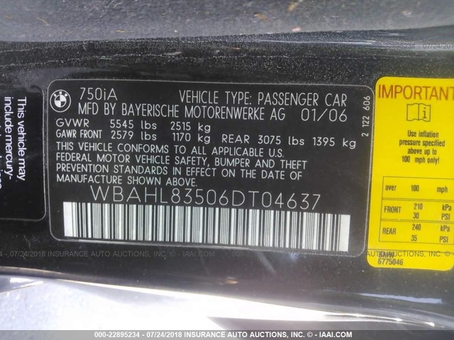 WBAHL83506DT04637 - 2006 BMW 750 I BLACK photo 9