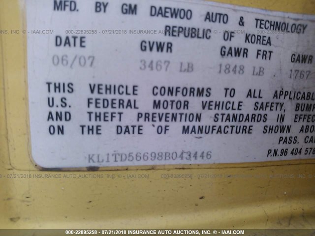 KL1TD56698B043446 - 2008 CHEVROLET AVEO LS YELLOW photo 9