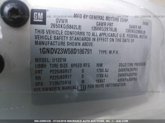 1GNDV23W58D186791 - 2008 CHEVROLET UPLANDER LS GOLD photo 9