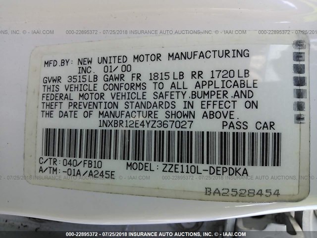 1NXBR12E4YZ367027 - 2000 TOYOTA COROLLA VE/CE/LE 白色 照片 9