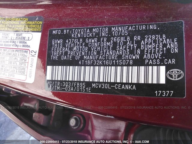 4T1BF32K16U115078 - 2006 TOYOTA CAMRY LE/XLE/SE 红色 照片 9