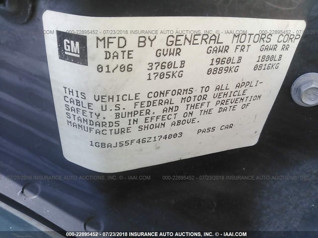 1G8AJ55F46Z174003 - 2006 SATURN ION LEVEL 2 青色 照片 9