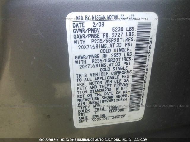 JN8AZ18W79W120644 - 2009 NISSAN MURANO S/SL/LE GRAY photo 9