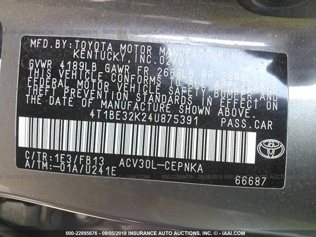 4T1BE32K24U875391 - 2004 TOYOTA CAMRY LE/XLE/SE Boz foto 9