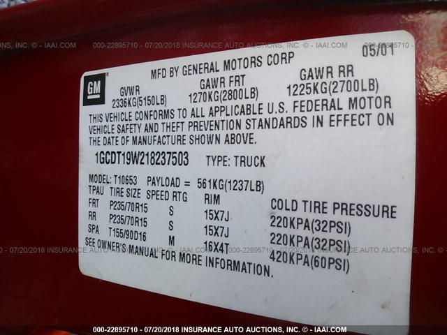 1GCDT19W218237503 - 2001 CHEVROLET S TRUCK S10 RED photo 9