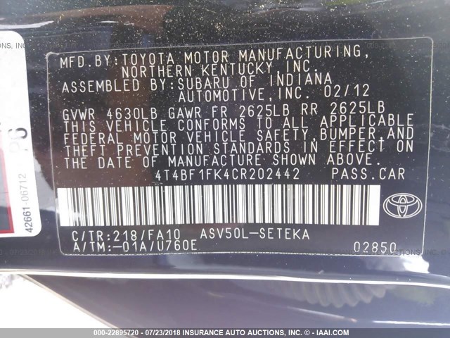 4T4BF1FK4CR202442 - 2012 TOYOTA CAMRY SE/LE/XLE შავი ფოტო 9