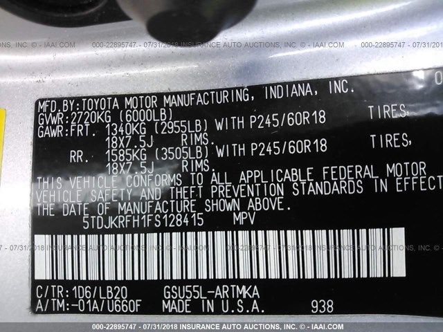 5TDJKRFH1FS128415 - 2015 TOYOTA HIGHLANDER XLE ვერცხლისფერი ფოტო 9