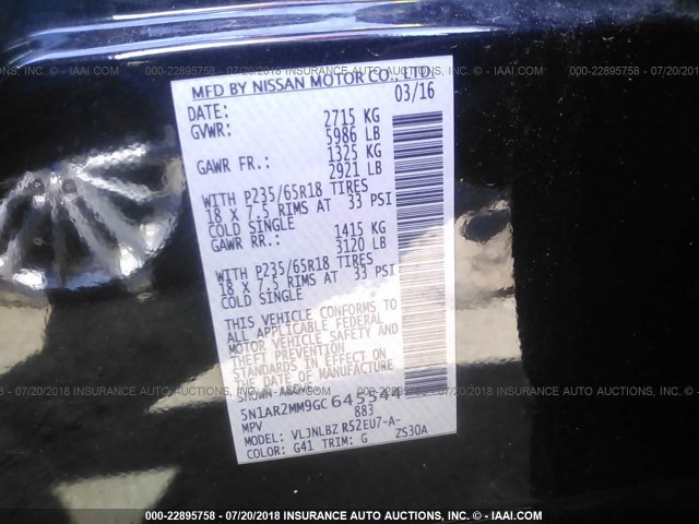 5N1AR2MM9GC645544 - 2016 NISSAN PATHFINDER S/SV/SL/PLATINUM 黑色 照片 9