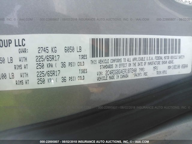 2C4RDGBG4ER187240 - 2014 DODGE GRAND CARAVAN SE GRAY photo 9