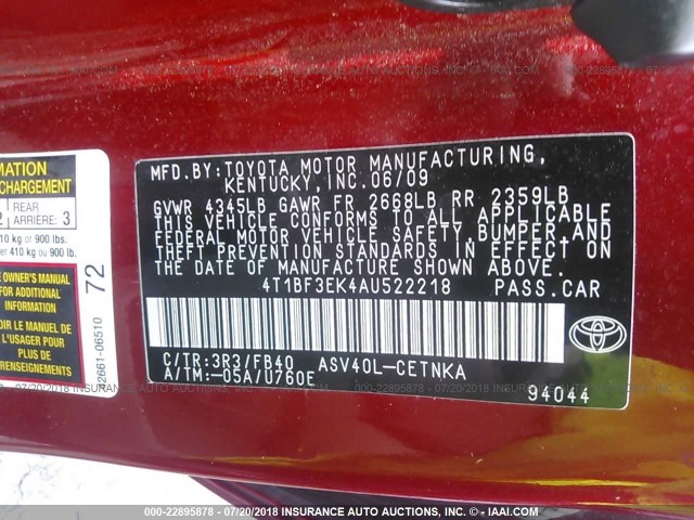 4T1BF3EK4AU522218 - 2010 TOYOTA CAMRY SE/LE/XLE RED photo 9