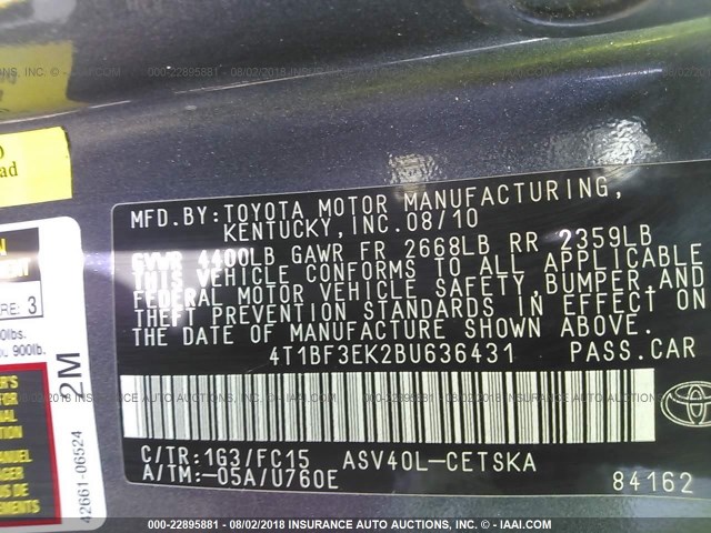 4T1BF3EK2BU636431 - 2011 TOYOTA CAMRY SE/LE/XLE 灰色 照片 9