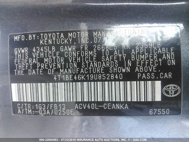 4T1BE46K19U852840 - 2009 TOYOTA CAMRY SE/LE/XLE 灰色 照片 9