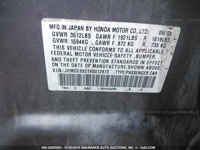 JHMGE88219S012873 - 2009 HONDA FIT GRAY photo 9