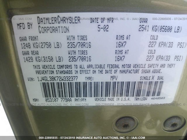 1J4GL38K72W332377 - 2002 JEEP LIBERTY RENEGADE GREEN photo 9