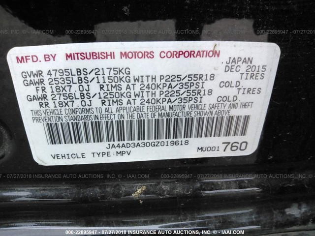 JA4AD3A30GZ019618 - 2016 MITSUBISHI OUTLANDER SE/SEL BLACK photo 9