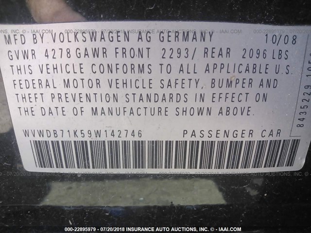 WVWDB71K59W142746 - 2009 VOLKSWAGEN RABBIT BLACK photo 9