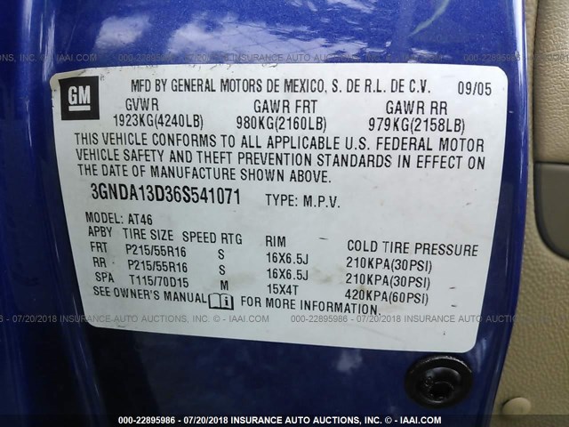 3GNDA13D36S541071 - 2006 CHEVROLET HHR LS BLUE photo 9