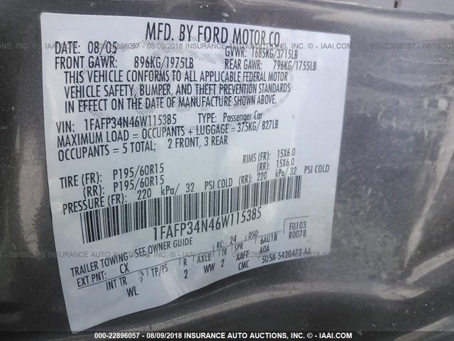 1FAFP34N46W115385 - 2006 FORD FOCUS ZX4 GRAY photo 9