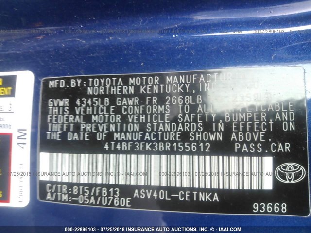 4T4BF3EK3BR155612 - 2011 TOYOTA CAMRY SE/LE/XLE ლურჯი ფოტო 9