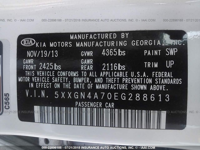 5XXGN4A70EG288613 - 2014 KIA OPTIMA EX WHITE photo 9