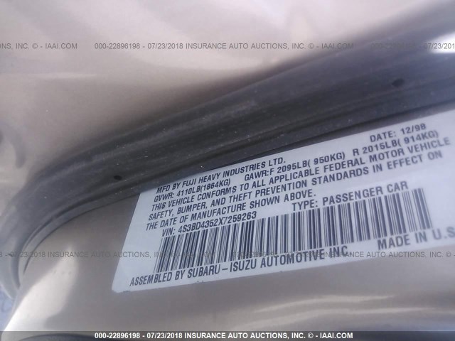 4S3BD4352X7259263 - 1999 SUBARU LEGACY L/30TH ANNIVERSARY L ოქროსფერი ფოტო 9