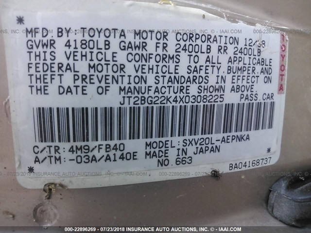 JT2BG22K4X0308225 - 1999 TOYOTA CAMRY LE/XLE GOLD photo 9