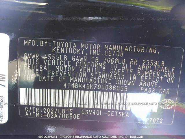 4T1BK46K79U086055 - 2009 TOYOTA CAMRY SE/LE/XLE BLACK photo 9