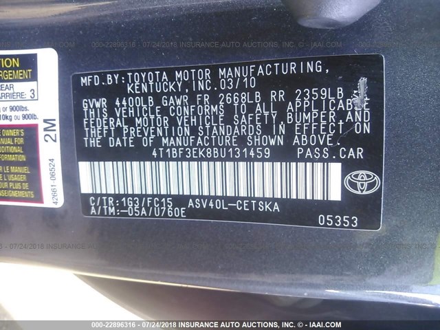 4T1BF3EK8BU131459 - 2011 TOYOTA CAMRY SE/LE/XLE GRAY photo 9