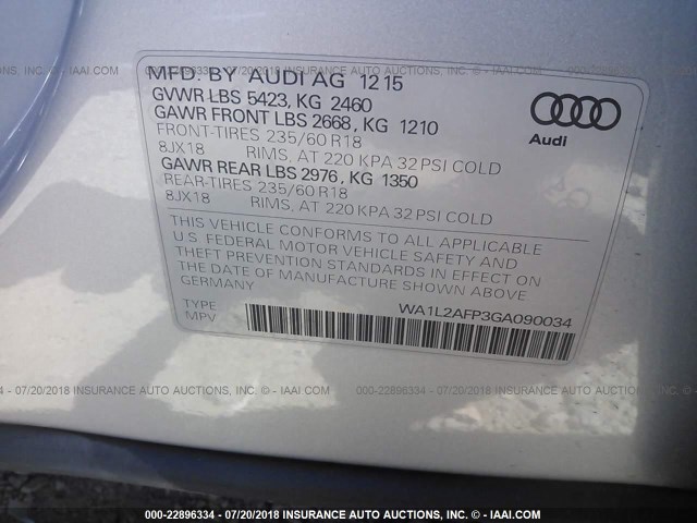 WA1L2AFP3GA090034 - 2016 AUDI Q5 PREMIUM PLUS SILVER photo 9