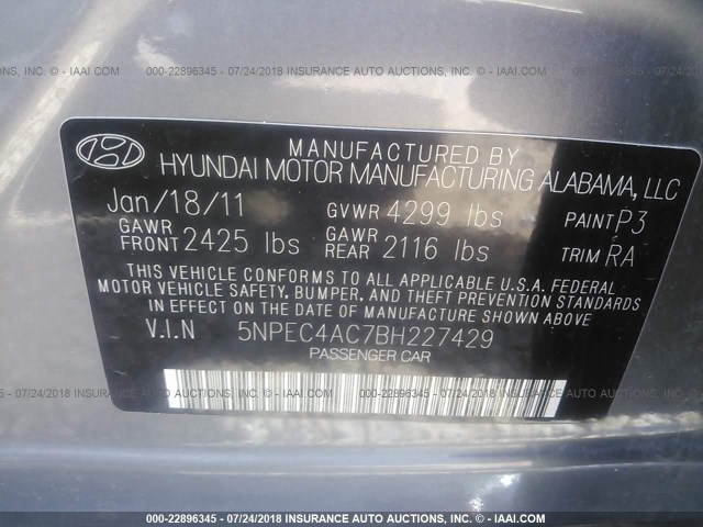 5NPEC4AC7BH227429 - 2011 HYUNDAI SONATA SE/LIMITED GRAY photo 9