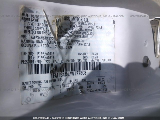 1FAFP34N67W122808 - 2007 FORD FOCUS ZX4/S/SE/SES 白色 照片 9