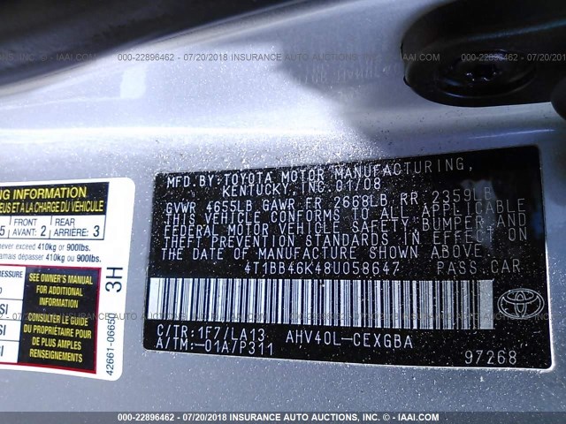 4T1BB46K48U058647 - 2008 TOYOTA CAMRY HYBRID SILVER photo 9