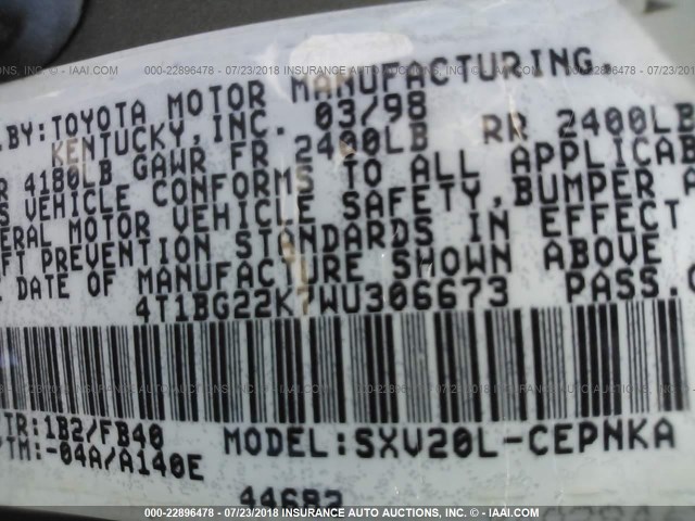 4T1BG22K7WU306673 - 1998 TOYOTA CAMRY CE/LE/XLE 棕色 照片 9