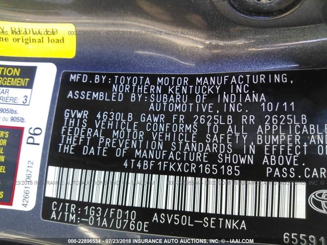 4T4BF1FKXCR165185 - 2012 TOYOTA CAMRY SE/LE/XLE GRAY photo 9