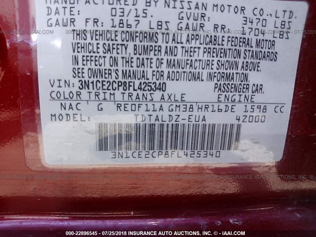 3N1CE2CP8FL425340 - 2015 NISSAN VERSA NOTE S/S PLUS/SV/SL/SR RED photo 9