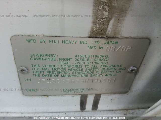 JF1SG65653H731507 - 2003 SUBARU FORESTER 2.5XS თეთრი ფოტო 9