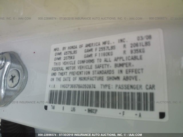 1HGCP36878A050974 - 2008 HONDA ACCORD EXL WHITE photo 9