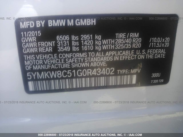 5YMKW8C51G0R43402 - 2016 BMW X6 M WHITE photo 9