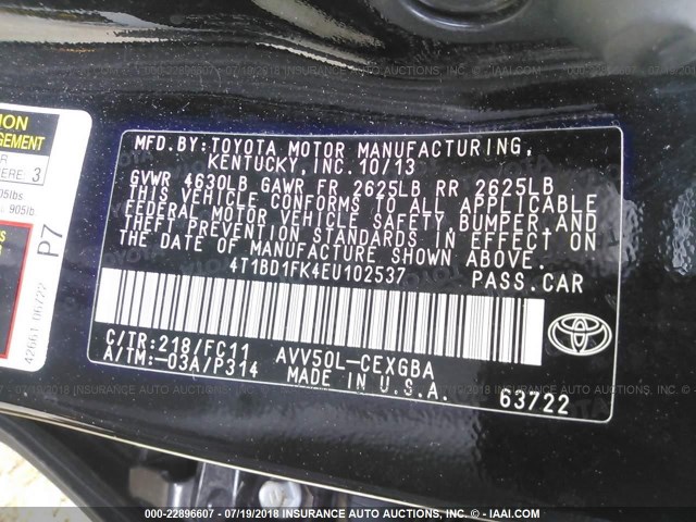 4T1BD1FK4EU102537 - 2014 TOYOTA CAMRY HYBRID/LE/XLE 黑色 照片 9