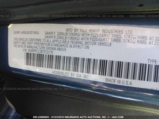 4S4BP61C287313176 - 2008 SUBARU OUTBACK 2.5I BLUE photo 9