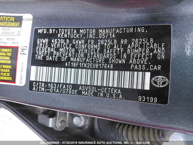 4T1BF1FK2EU817648 - 2014 TOYOTA CAMRY L/SE/LE/XLE 灰色 照片 9
