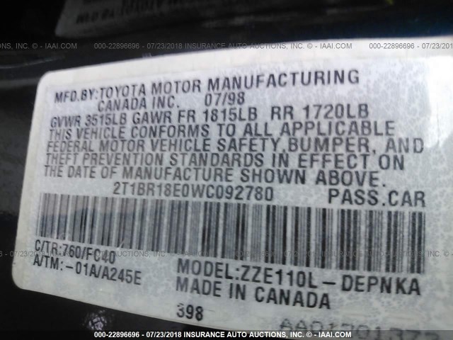 2T1BR18E0WC092780 - 1998 TOYOTA COROLLA VE/CE/LE 蓝色 照片 9