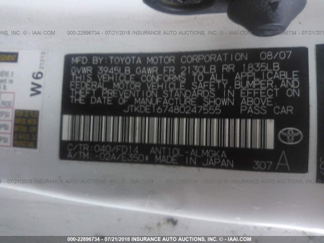 JTKDE167480247555 - 2008 TOYOTA SCION TC 白色 照片 9