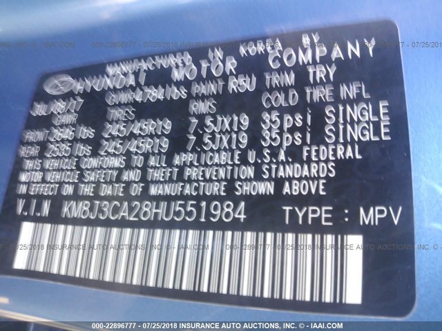 KM8J3CA28HU551984 - 2017 HYUNDAI TUCSON LIMITED/SPORT AND ECO/SE Navy photo 9