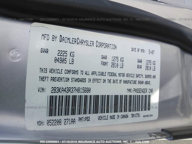 2B3KA43R37H815680 - 2007 DODGE CHARGER SE/SXT SILVER photo 9