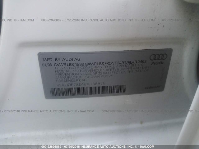 WAUDF78E48A138975 - 2008 AUDI A4 2.0T QUATTRO WHITE photo 9