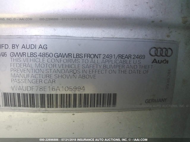 WAUDF78E16A105994 - 2006 AUDI A4 2.0T QUATTRO SILVER photo 9